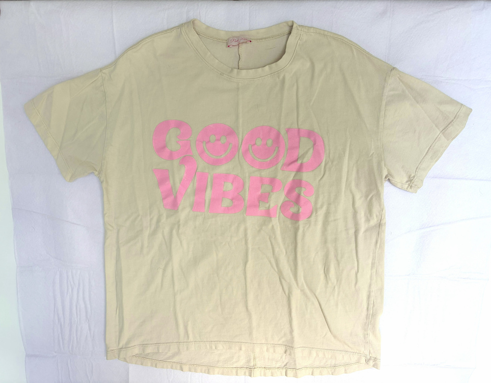 Pink Lily Good Vibes Graphic T Shirt Beige Pink Size S